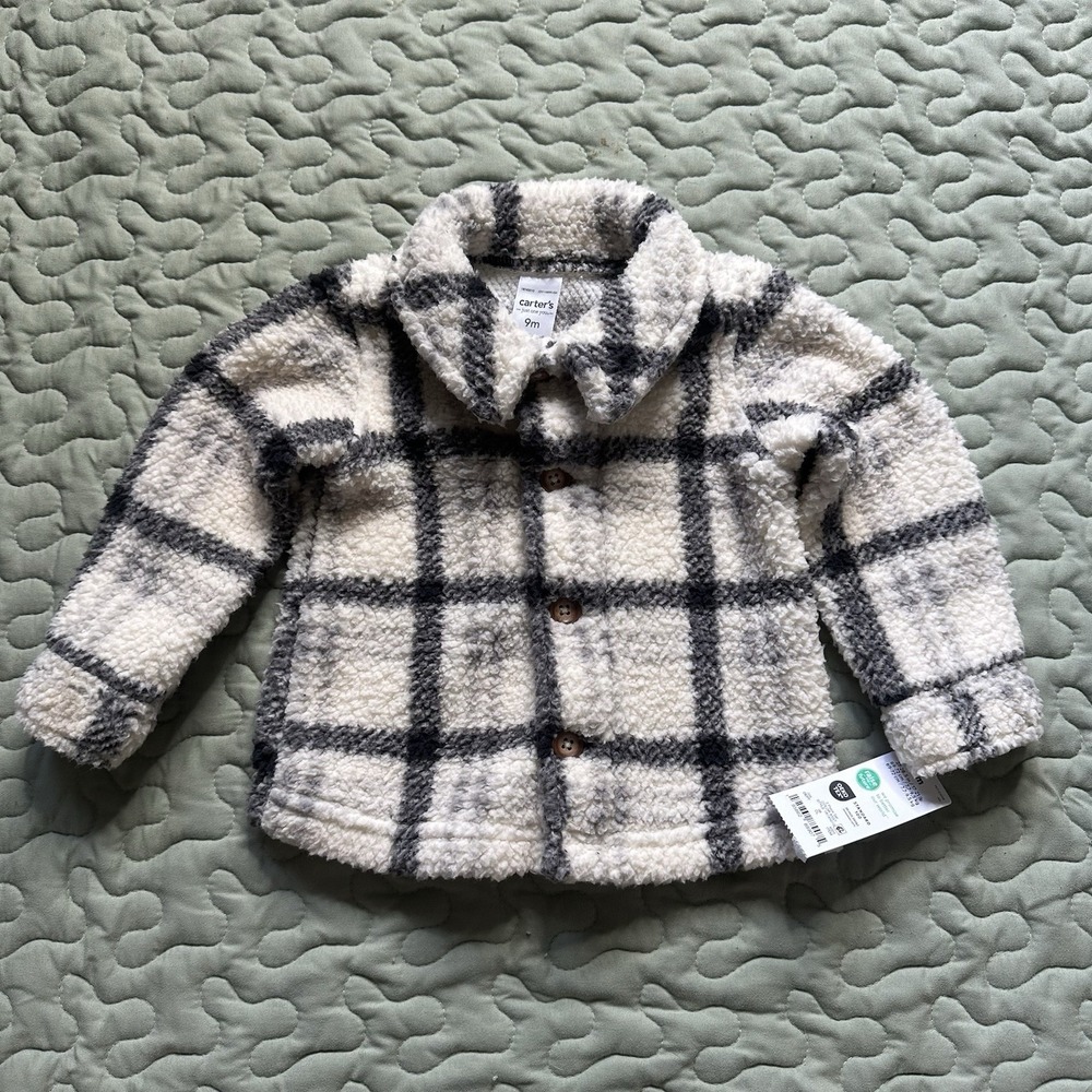 NWT Carter's Infant White Plaid Fleece Button Up Shirt Jacket Size 9M